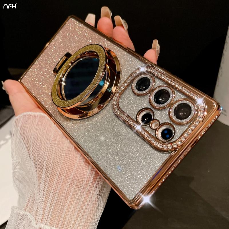 For Samsung Galaxy S23 Ultra Luxury Glitter Mirror Holder Flash Plating Diamond Frame Phone Case For Samsung S22 S24 Plus Cover