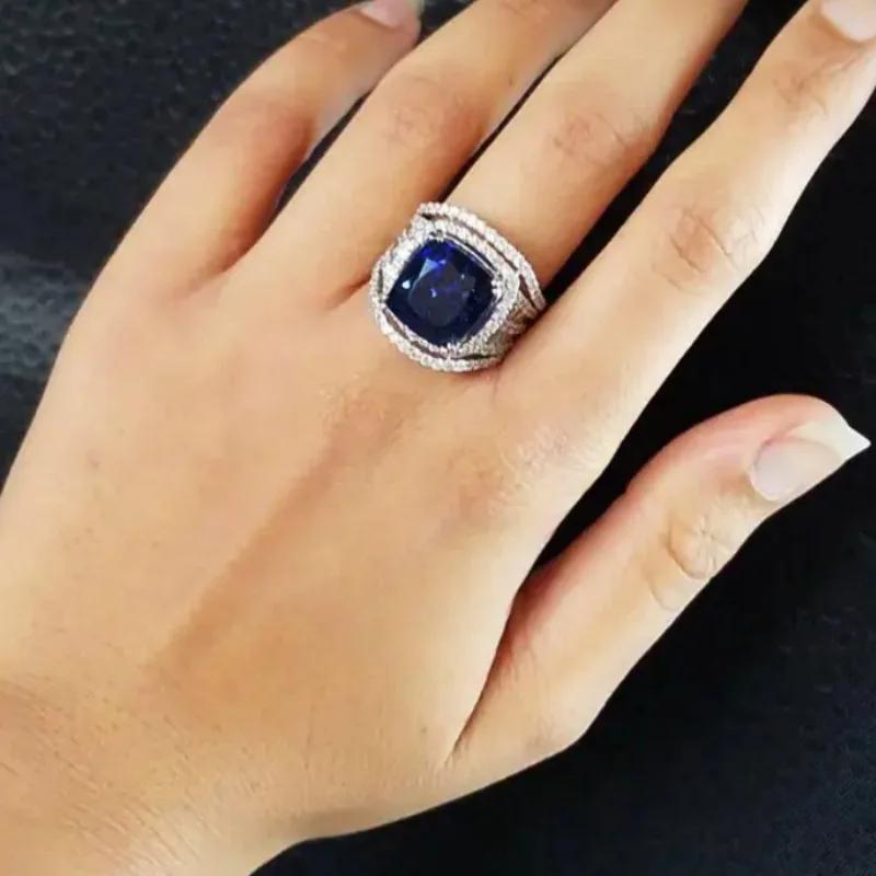 

Королевский синий циркон элегантно посещает банкет с высококлассными дизайнерскими аксессуарами, европейское и американское новое ретро геометрическое кольцо 10