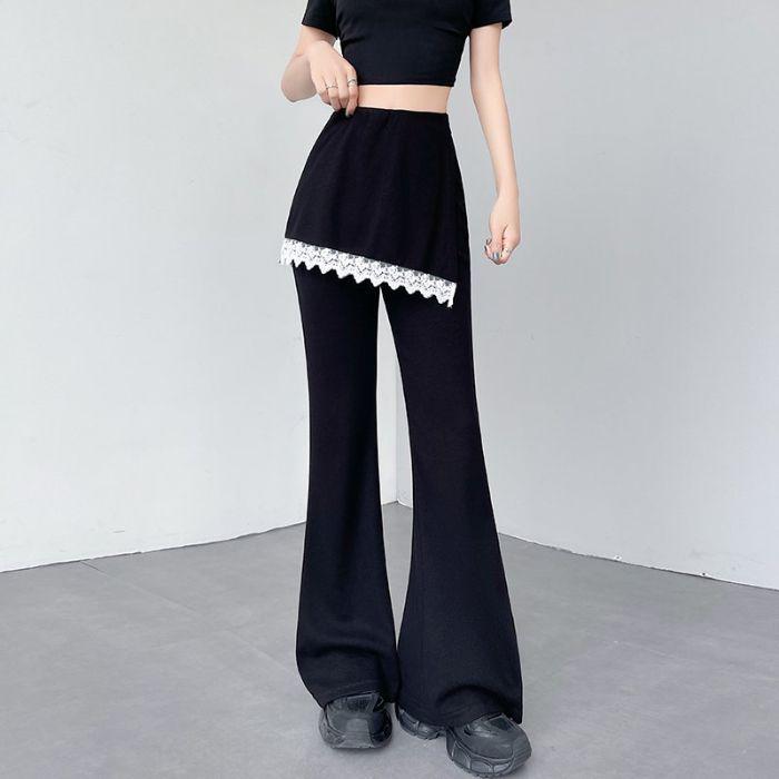 Gray Lace Patchwork Flare Yoga Pants - Women s Summer 2026 High-Waisted Slimming Two-Piece Look L
