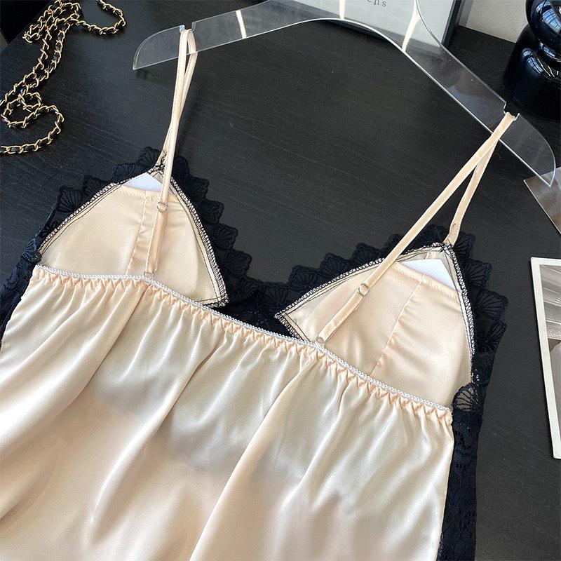 Women's Summer Ice Silk Lace Camisole and Shorts Set with Chest Pads