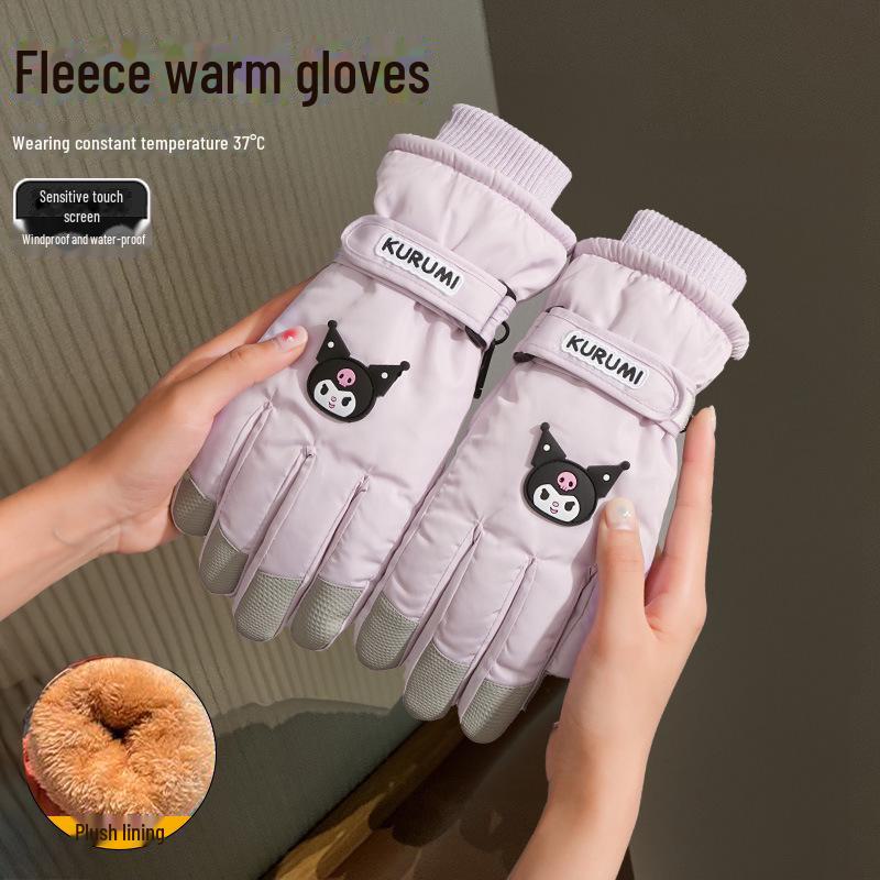 Trendy Windproof Ski Gloves: Warm, Cute Cartoon Design, Touchscreen Compatible, Splash-Proof, Velvet Cotton for Autumn/Winter.