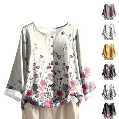 Women's Casual Long-sleeved Round-neck Retro Gradient Printed Cotton And Linen Top