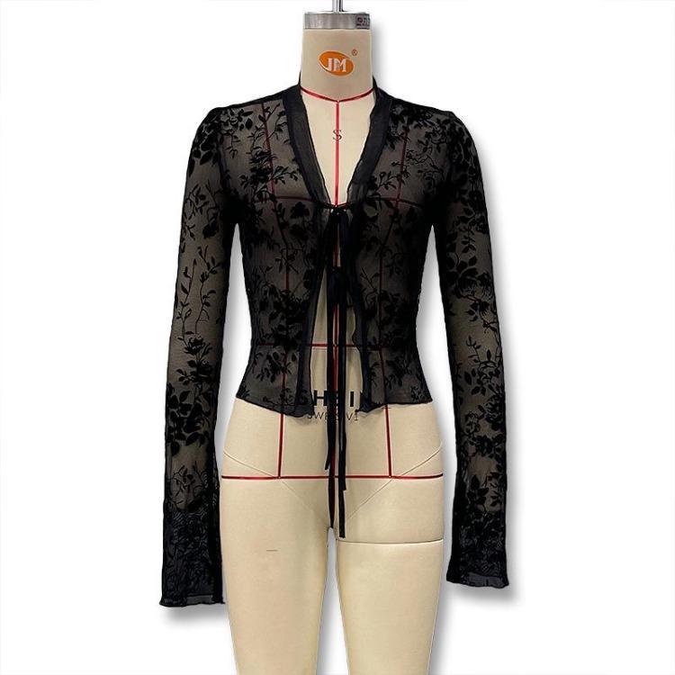 Sexy Sheer Chiffon Blouse for Women Slimming Ruffle Bell Sleeves