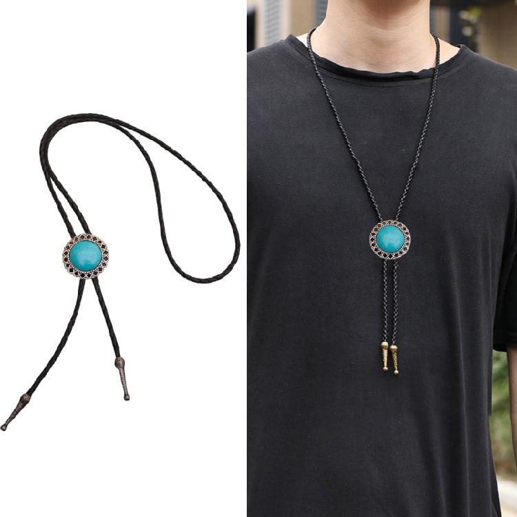 Metal Flower Stone Pendant Western Bolo Tie Faux Leather Rope Necktie Necklace Shirt Collar Chain Jewelry Neckwear