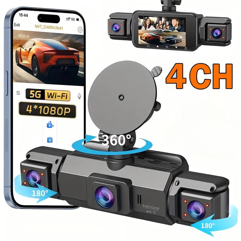 Nova câmera de painel para carro, câmera de direção de 4 canais com WiFi 1080P, frontal esquerda direita traseira, visão noturna, gravação em loop, acessórios para carro com caixa preta