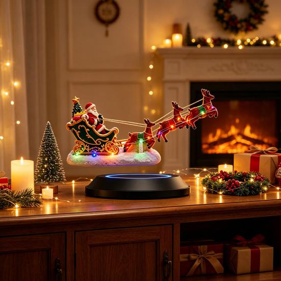 Magic Holiday Decoration Lighted Floating Santa Sleigh, Magnetic Levitation Flying Sleigh Ornament with Christmas Party Decor LED Light, Centerpiece