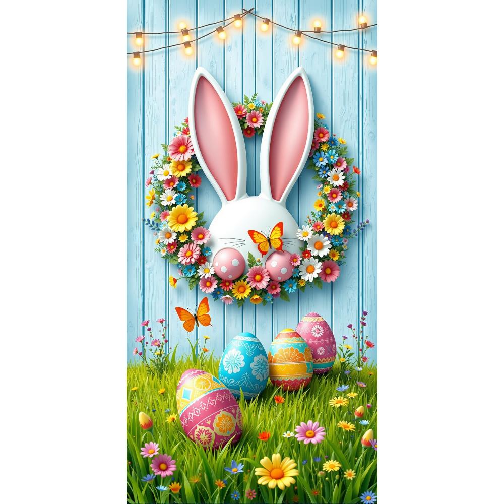 Happy Easter Door Cover Funny Bunny Lining for Doors Easter Spring Colorful Eggs Rabbit Flower Backdrop Home Door Decoration New