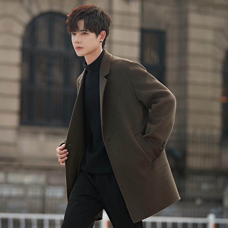Men's Mid-Length Cashmere Wool Coat - Autumn/Winter Casual Windbreaker