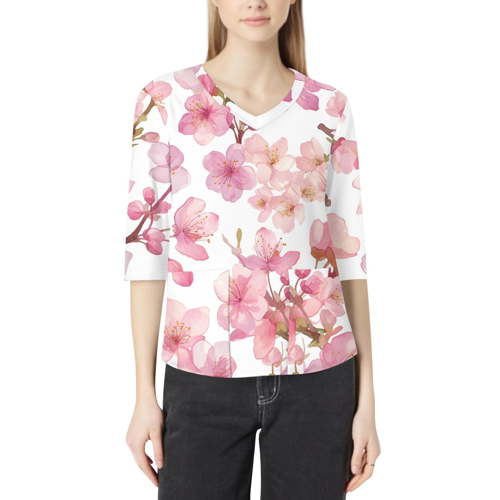 

Модная женская рабочая одежда с v-образным вырезом и рукавами 3/4, свободные топы с карманами и принтом S розовый