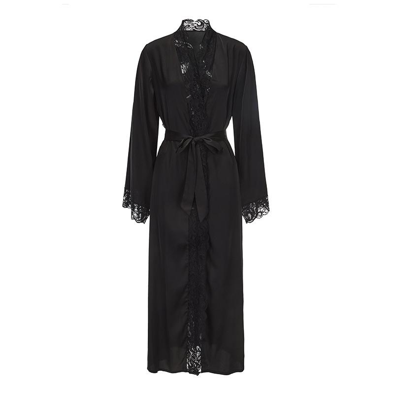 Women’s Silky Satin Lace Long Robe with Belt Plus Size Loungewear