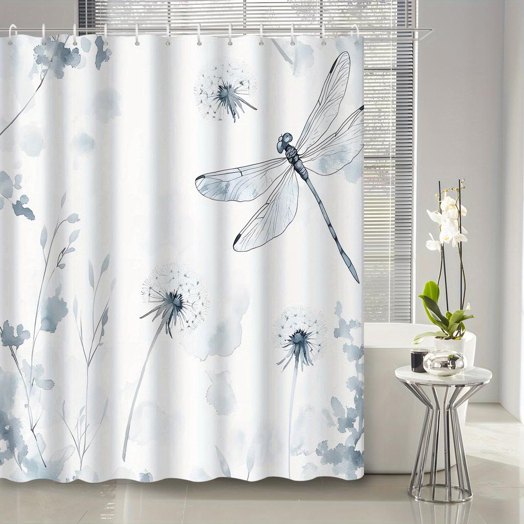 Elegant Dragonfly and Dandelion Waterproof Shower Curtain for Bathroom Decor, Adding a Touch of Nature and Serenity