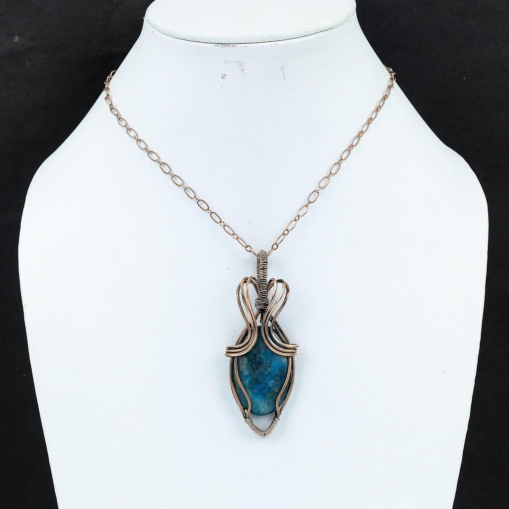 Neon Blue Apatite Gemstone Handmade Pure Copper Wire Wrap Jewelry Pendant For Women