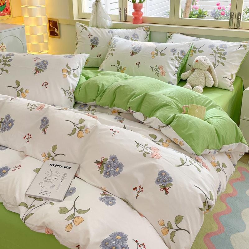 Class A Maternal And Infant Grade Washed Cotton Four-Piece Set Cotton Cartoon Small Fresh Pure Cotton Mattress Quilt Cover 3Pcs Set