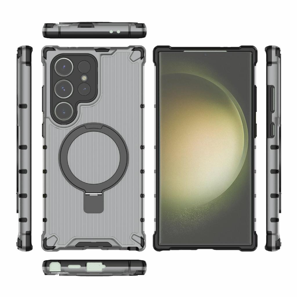 For Samsung Galaxy S24 Ultra Case with Magnetic Ring Holder Stripe Design PC+TPU Back Cover