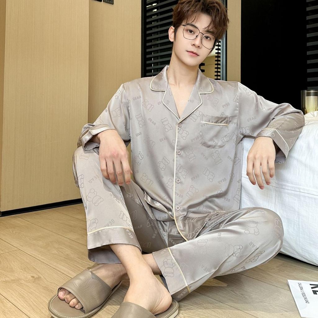 Men's Spring and Autumn Loungewear 2 Piece Long Sleeve Pajamas Set Comfortable Thin Ice Silk Homewear