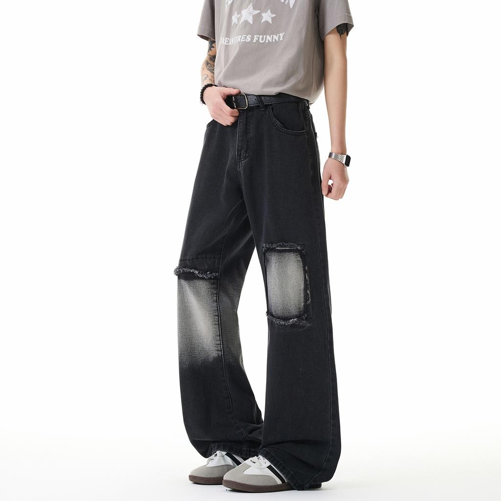 Summer soot charcoal black ripped jeans men's thin straight slightly pulled pants loose drop street style men's pants