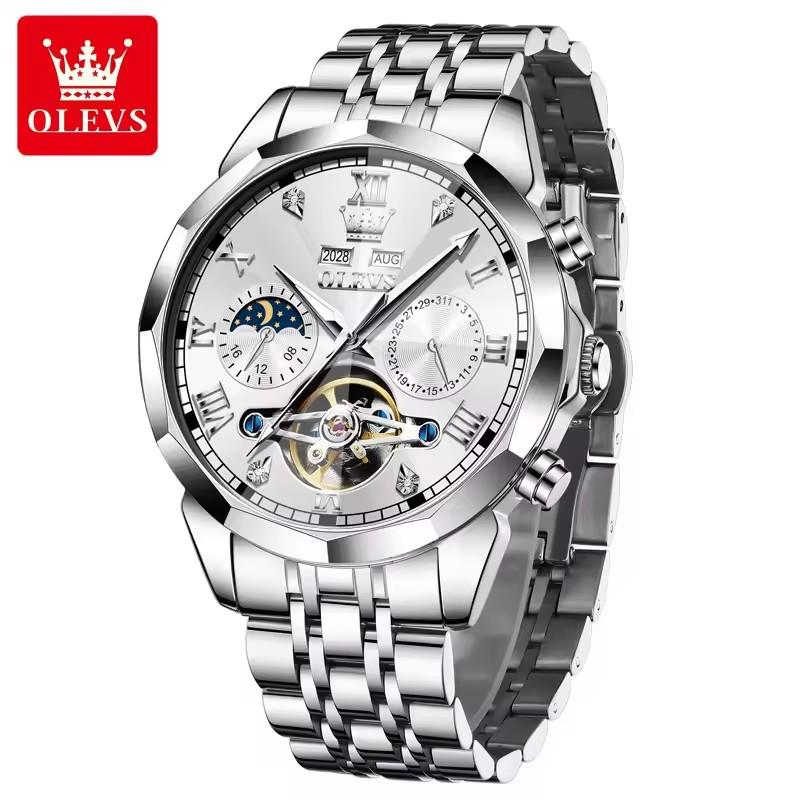 OLEVS 6620 Man Automatic Mechanical Watch Stainless Steel Band Waterproof Luminous Double Calendar Moon Phase Wristwatch for Men