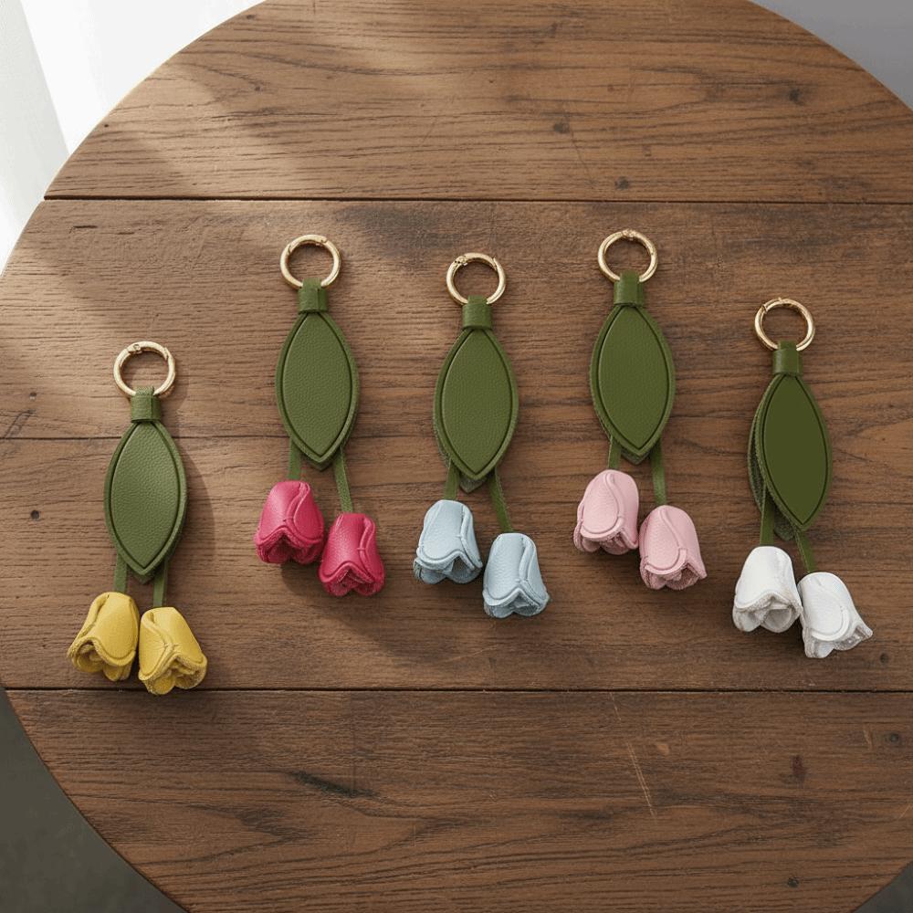 Handmade Flower Pu Keychain Hanger Bag Charm Multi-color Tulip Leather Pendant  Men