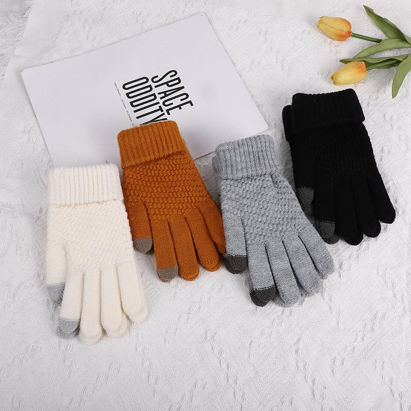 Korean Winter Gloves Brushed Fleece Thick Ribbed Jacquard Touchscreen Unisex