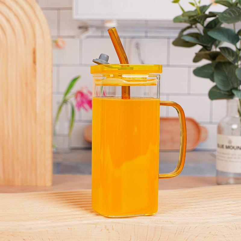400ml Square Glass Mug With Lid and Straw Breakfast Milk Cup Microwave Safe Transparent Party Beer Coffee Mug Drinkware Glass