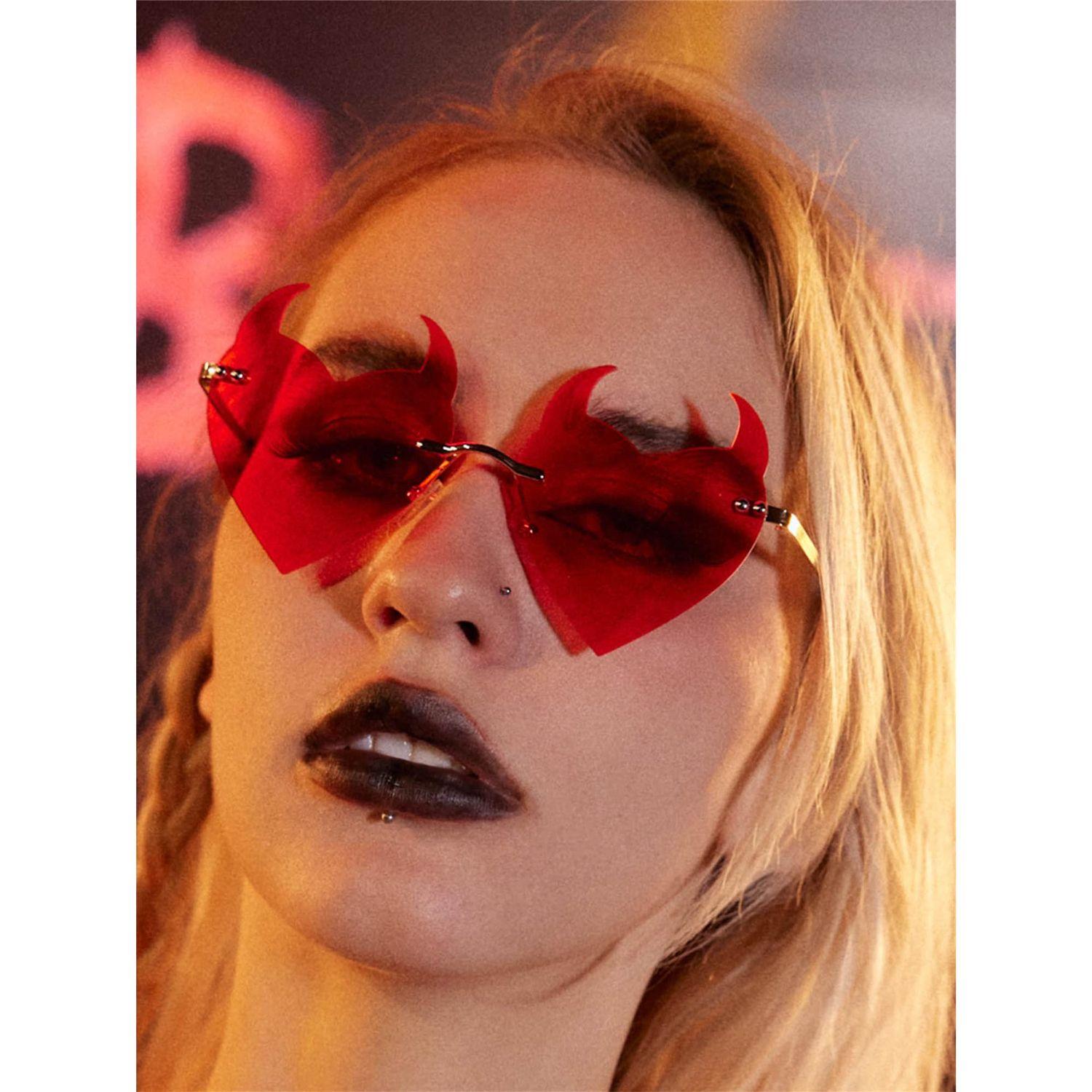 

Halloween Decoration Party Devil Ear Heart Shape Fashion Glasses Rock Horn Rimless Sunglasses красный