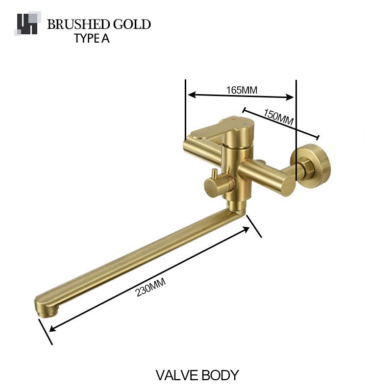 In-Wall Brushed Gold Extra Long Spout Kitchen Sink Faucet Black Hot Cold Double Hole Washbasin Mixer Water Tap Stainless Steel