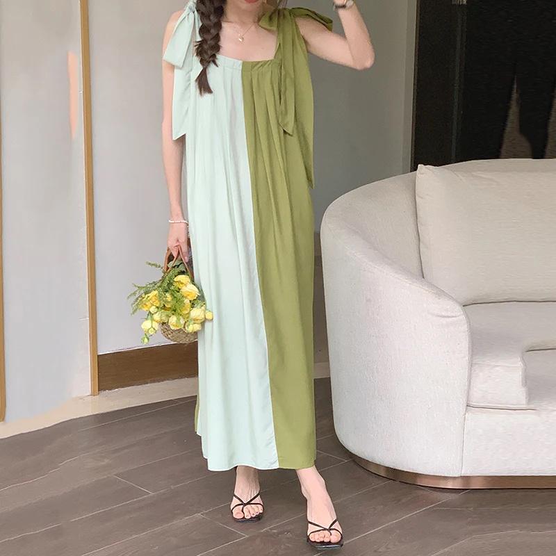 Xitao Bandażowa kokardka z kwadratowym kołnierzykiem, pulowerowa sukienka, spaghetti, luźna, do kostek, pokaz, cienka, na co dzień LYD1247