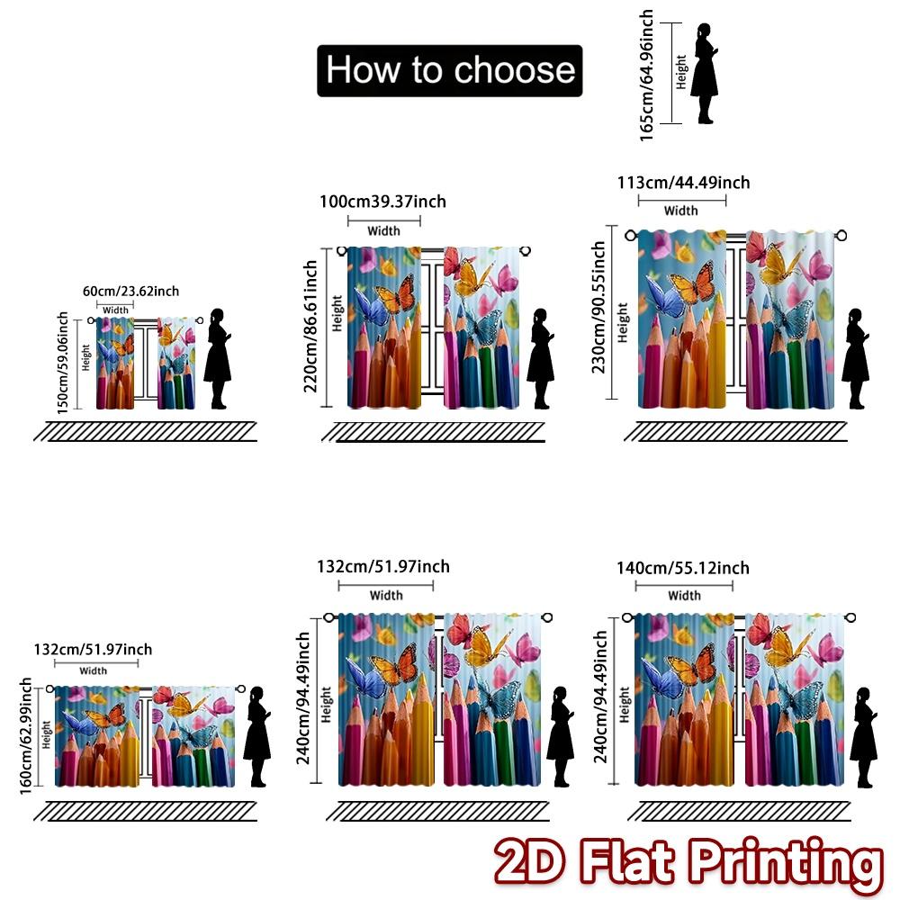 Flat Printing Window Treatment Curtains Colorful Butterflies Pencils Digital Printed Polyester Drapes Family Party Curtain Set Of 2 Made Washable