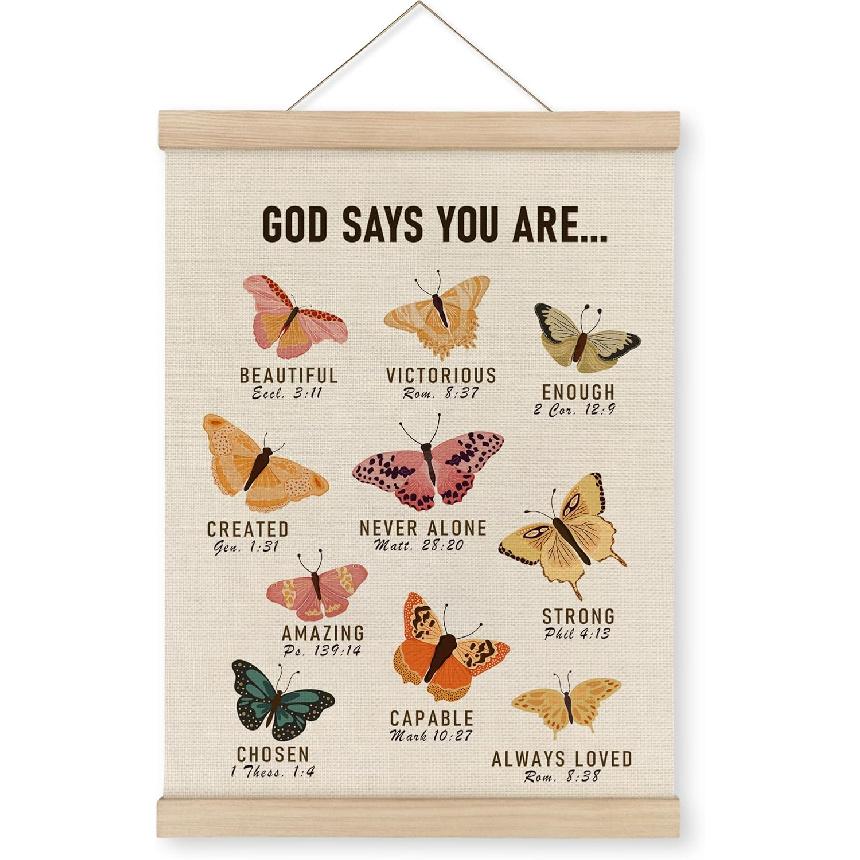 MAQIKA Christian Scripture Butterfly Poster, Framed Wooden Hanger, Butterfly Wall Art, Bible Verse Hanging Wall Decor, Christian pirational Canvas