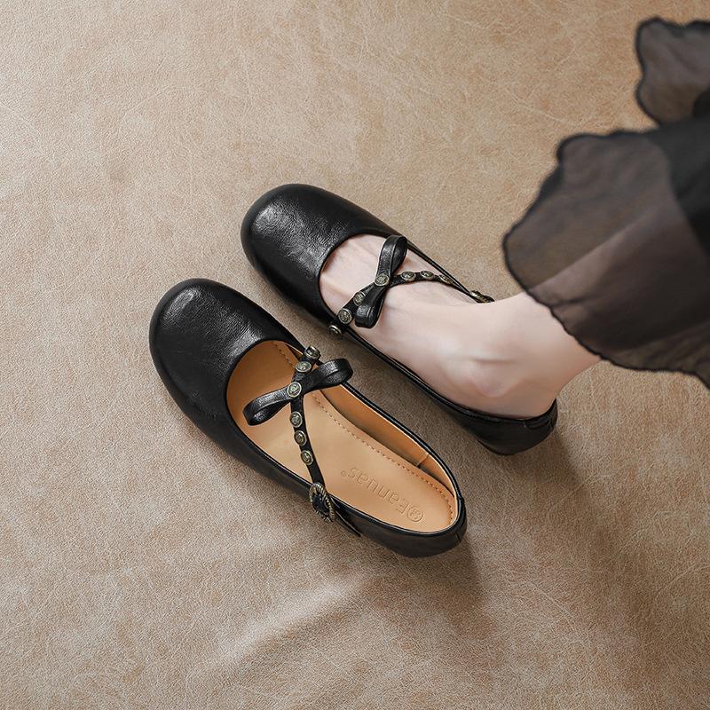 Retro Shallow Mouth One-word Buckle Bow Single Shoes Flat-soled Soft Leather One-pedal Mary Jane Shoes Women's Doudou Shoes