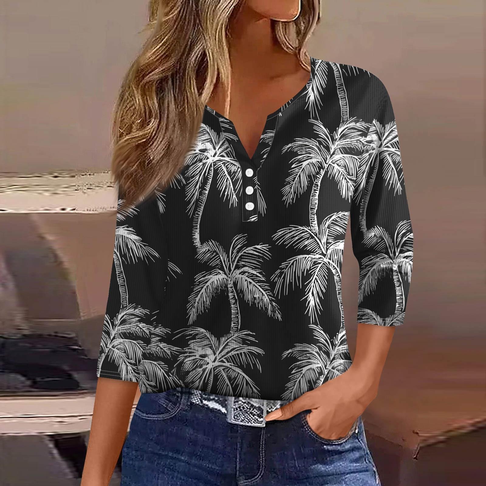

Women s T Shirt Tee Print Button 3/4 Sleeve Tunic Daily Weekend Fashion Basic V- Neck Regular Top S чорний