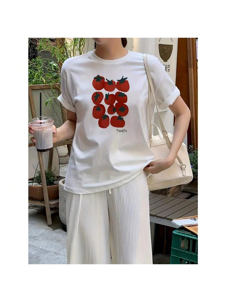 Y2k Harajuku Styles Ästhetisches T-Shirt mit Tomatendruck Mädchen Sommer Vintage Baumwolle Kurzarm Grafik Süß Unisex Lockere Oberteile