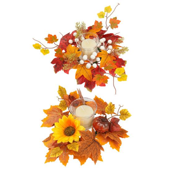 Rustic Fall Candle Decoration Rings Wreaths Artificial Maple Leaf Ring for Pillar Seasonal