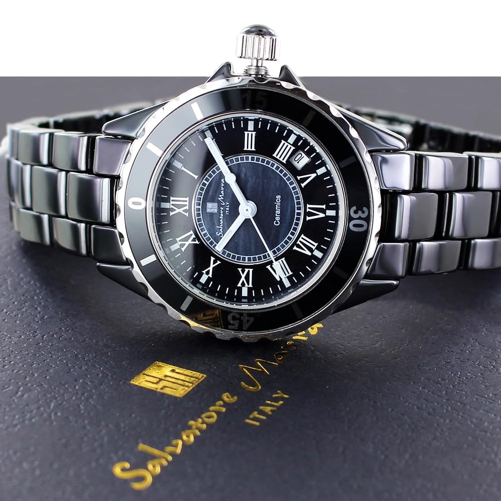 Salvatore Marra Unisex ceramiczny zegarek bransoletka, Model SM23103-v, Czarny i cyfry rzymskie, Odporny na zarysowania, Wodoodporność 3 ATM