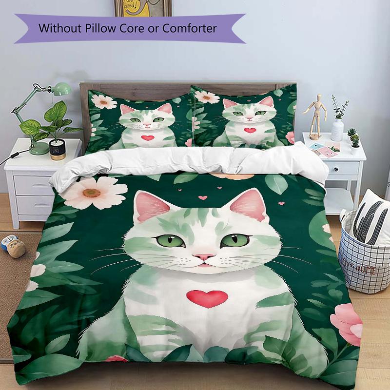 

3 шт. Комплект постельного белья с рисунком Белый кот с зелеными полосками, 1* Пододеяльник + 2* Наволочки, Комплект постельного белья с принтом, Мягкий и удобный, Подходит для кровати 135x200cm