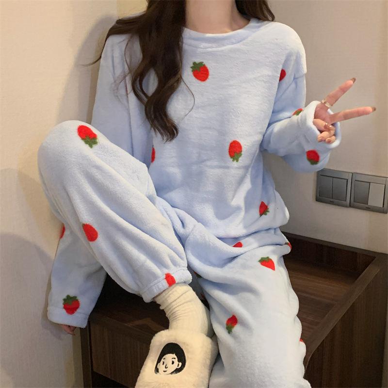 Autumn and Winter New Coral Velvet Pajamas Homewear Suit Female Cute Padded Thickened Warm Flannel Pajamas Homewear Suit