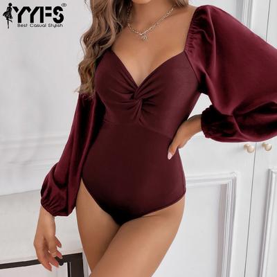 Monos con cuello en V de manga larga para mujer, informales, con estampado de Color sólido, verano y primavera