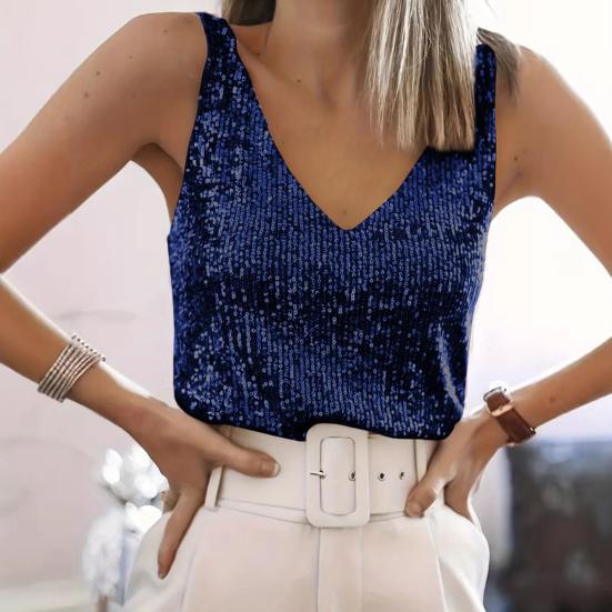 Women Tops Deep V-Neck Sparkling Sequins Design Sleeveless Vest Loose Fit Party Camisole Nightclub Wear