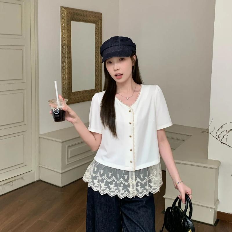 

Womens V Neck Lace Trim Short Sleeve Cardigan Button Down Cropped Top L белый