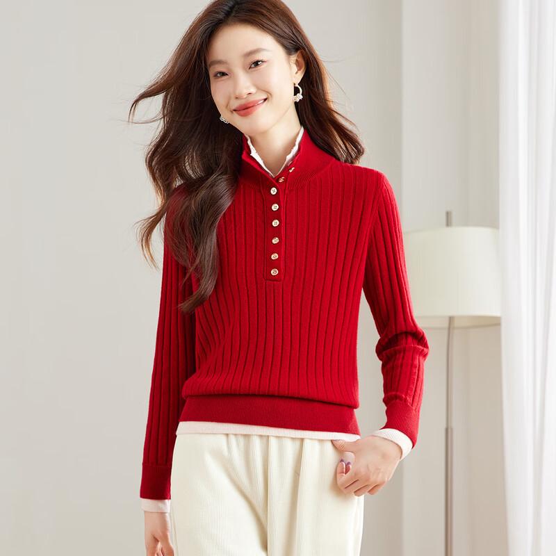 Srcr Women's Faux Two-Piece 100% Wool Sweater