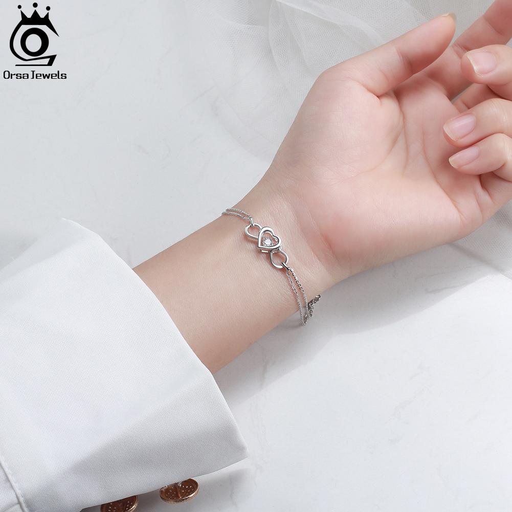 ORSA JEWELS 925 Sterling Silver Heart Bracelet Trendy Double Layers Chain Bracelets for Women Girl Mom Best Birthday Gift SB135