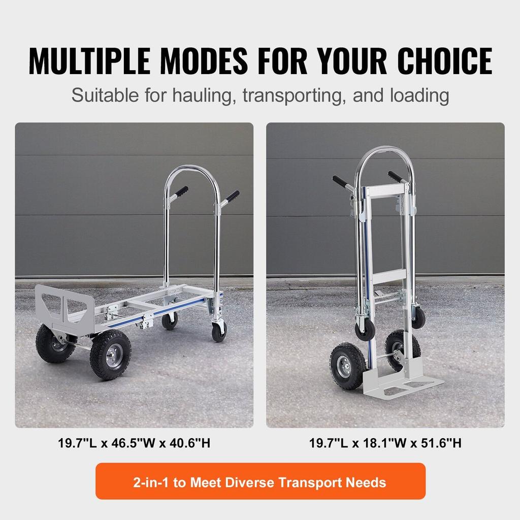Aluminum Hand Truck, 2 in 1, 800 lbs Load Capacity, Heavy Duty Industrial Convertible Folding Hand Truck and Dolly, Utility Cart Converts from Hand