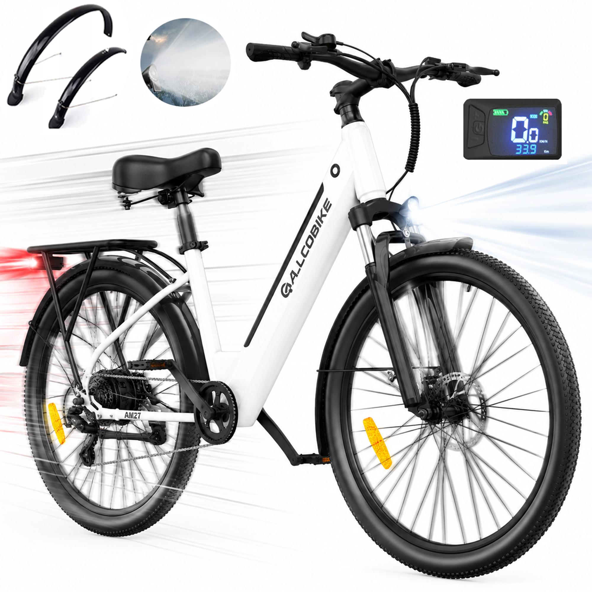 Elektrofahrrad 27,5 Zoll Elektrofahrrad 250W Motor Stadtelektrofahrrad für Erwachsene 36V 15AH Shimano 7S Scheibenbremsen E-Bike weiß