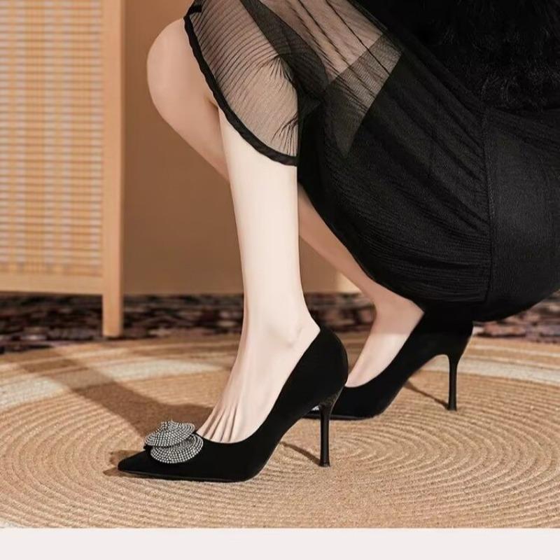 Fashion Crystal Flower Stiletto Single Shoes Women's Fashion Pointed Toe Shallow Mouth Slip-on Non-Slip Wear-Resistant High Heels
