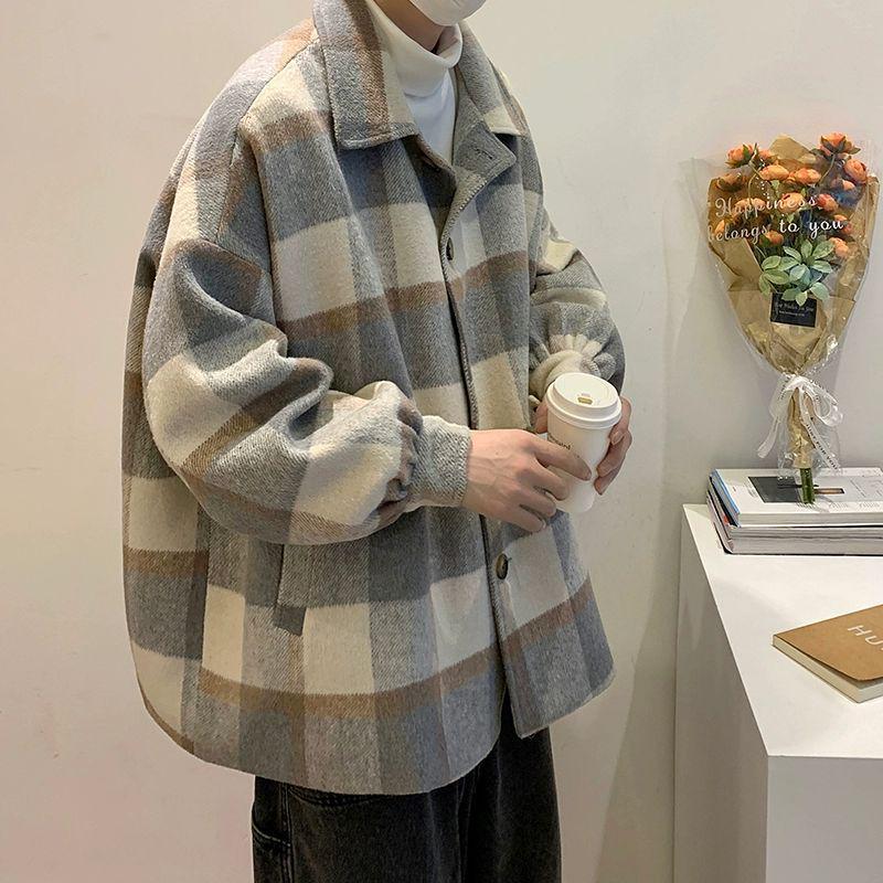 Men's Mid-Length Winter Plaid Wool Coat - Trendy Loose-Fit Windbreaker Jacket