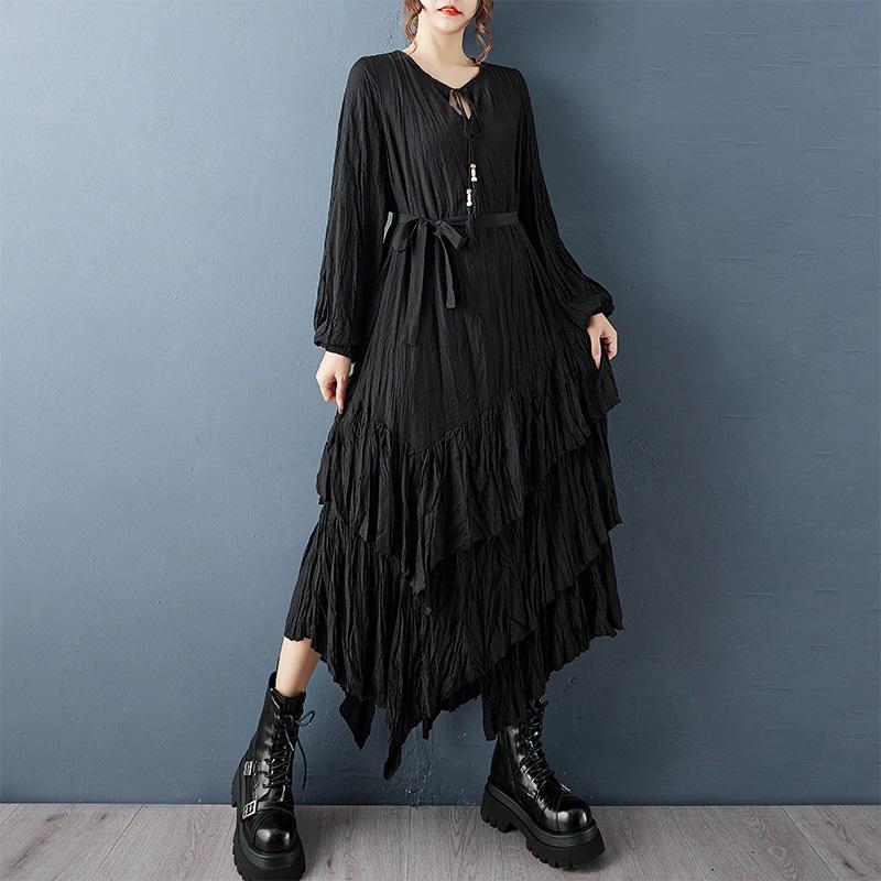 

Платье женское винтажное черное большого размера с длинным рукавом, плиссированное, новое, для весны и осени, повседневное свободное платье