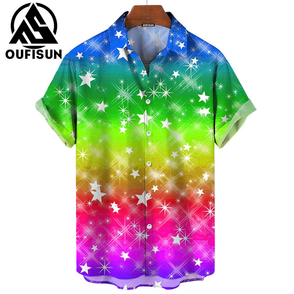 Neue Sommermode Pride Month Party Regenbogendruck Herren Kurzarm Freizeithemd Tops Street Trend Party Übergroßes Hemd S-5XL