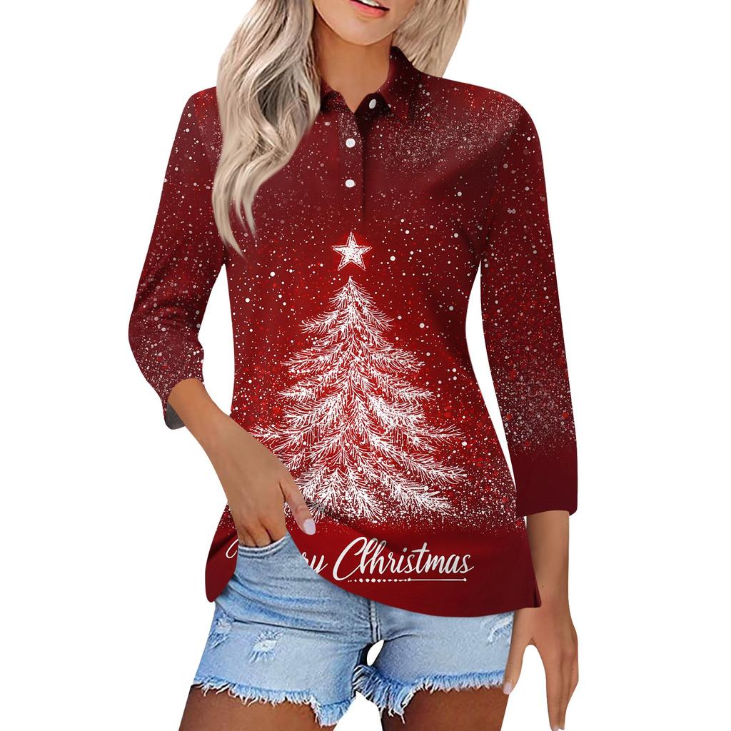 Women's Fashion Casual Lapel Short 3/4 Sleeve Christmas Print Shirt Women's Button Up Tops