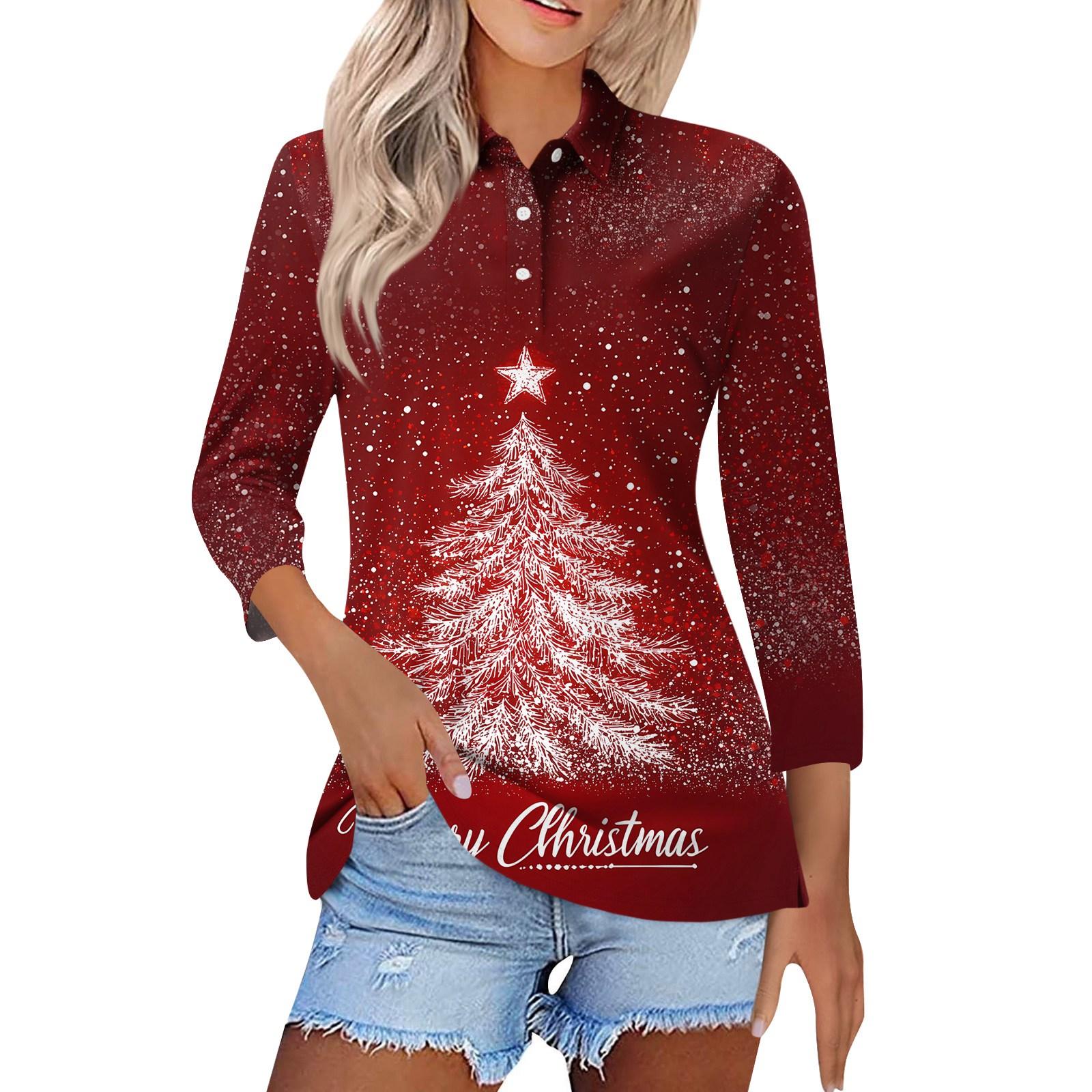

Женская модная повседневная рубашка с коротким рукавом 4/5 и лацканами, с рождественским принтом, женские топы на пуговицах XXXL