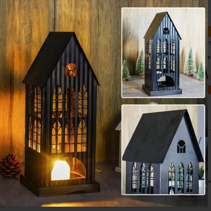 1PC Black White Home Candlestickers Halloween Metal Christmas House Shape Candle Holder Weddings With Gothic Windows Outdoor